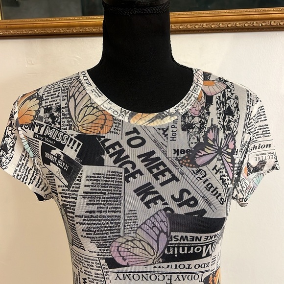 White Black Color Butterfly Newspaper Print Bodysuit by Rue 21, Sz. XS. - Picture 4 of 8